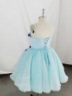 Cute Round Neck Tulle Lace Short Prom Dresses, Blue Homecoming Dresses