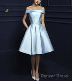 Cute Satin A Line Short Homecoming Dress , Off Shoulder Lace Up Prom Dresses