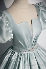 Cute Satin Floor Length Prom Dress, A-Line Short Sleeve Evening Party Dress