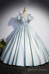 Cute Satin Floor Length Prom Dress, A-Line Short Sleeve Evening Party Dress