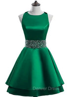 Cute Satin Knee Length Cross Back Beaded Prom Dress, Homecoming Dresses