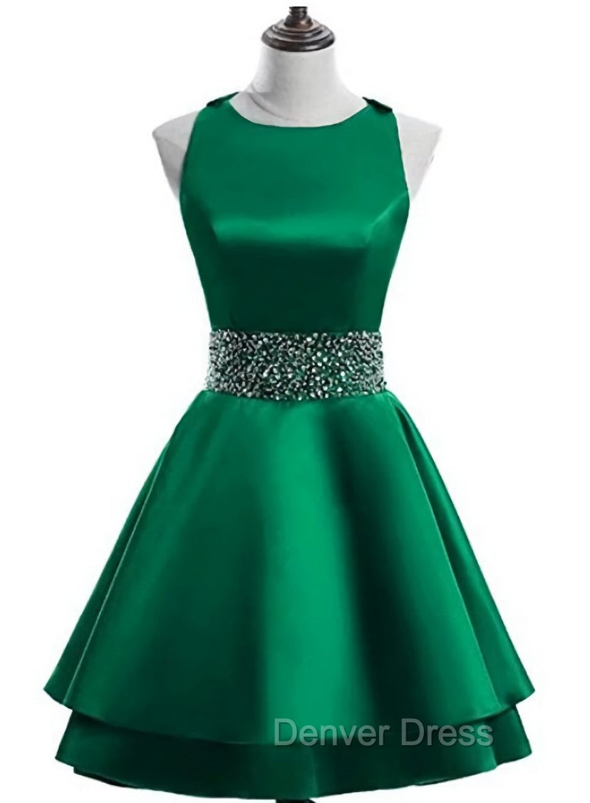 Cute Satin Knee Length Cross Back Beaded Prom Dress, Homecoming Dresses