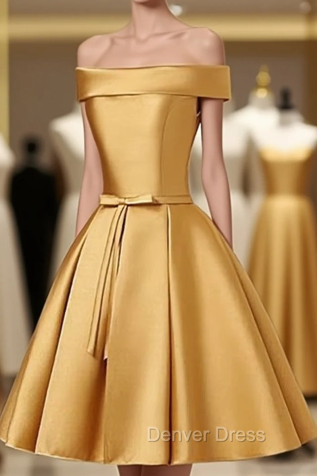 Cute Satin Knee Length Off Shoulder Homecoming Dresses, Prom Dresses Main image