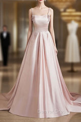 Cute Satin Long A-Line Pink Prom Dresses, Spaghetti Straps Evening Dresses