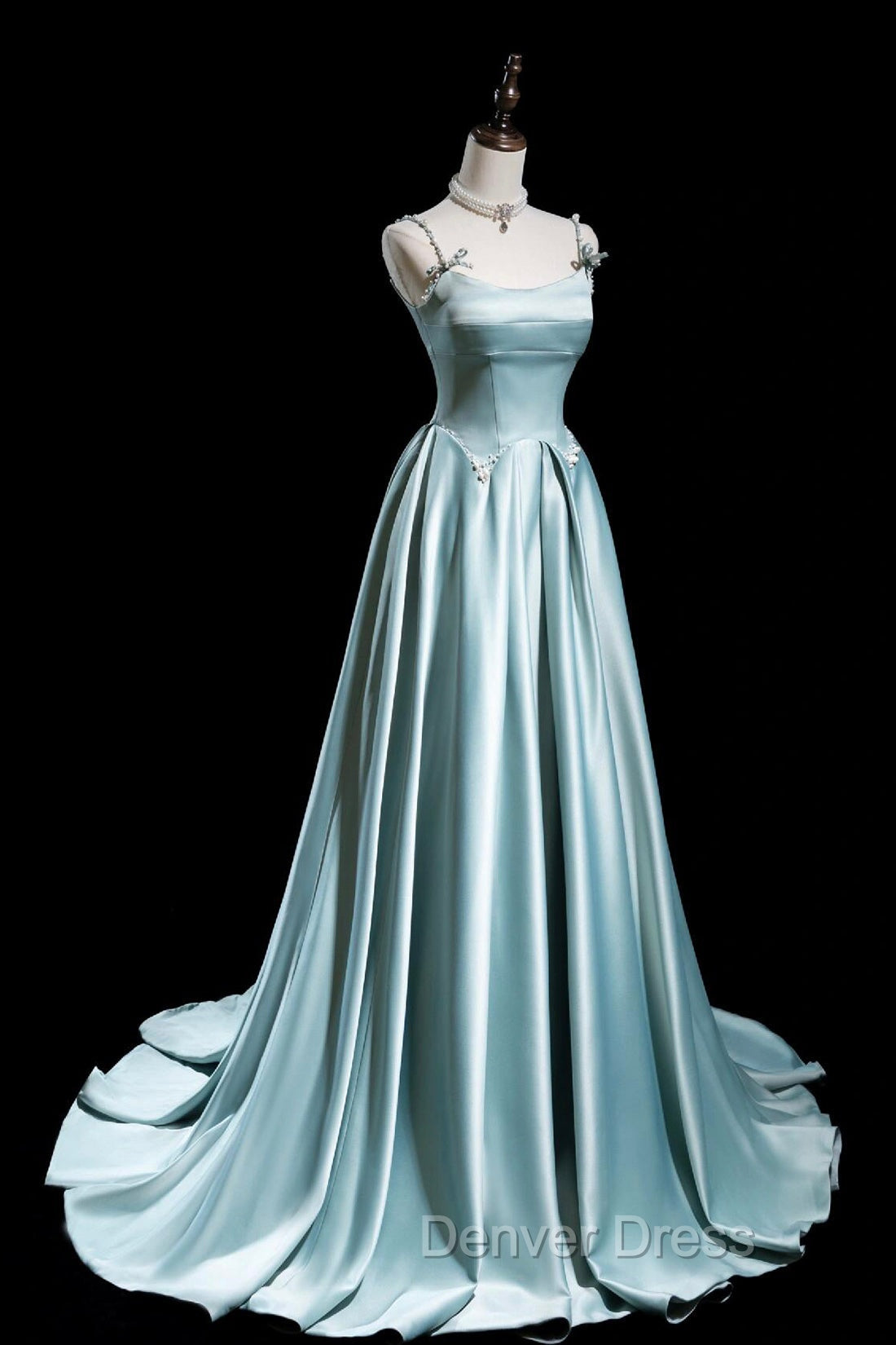 Cute Satin Long A-Line Prom Dresses, Ice Blue Spaghetti Straps Evening Dresses Secondary image