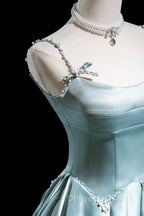 Cute Satin Long A Line Prom Dress, Ice Blue Spaghetti Straps Prom Dresses