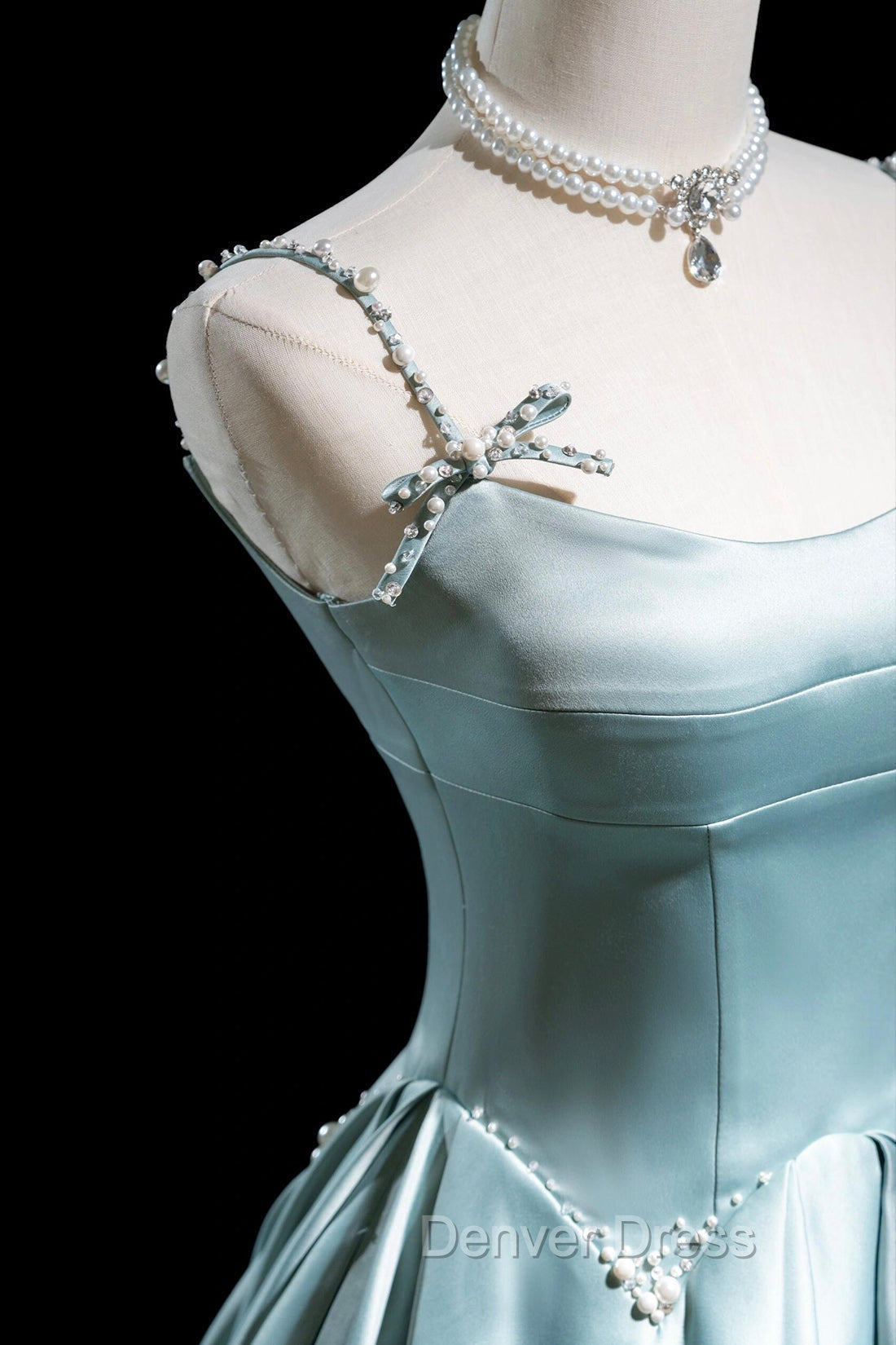 Cute Satin Long A Line Prom Dress, Ice Blue Spaghetti Straps Prom Dresses