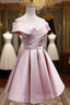 Cute Satin Pink Sweetheart Off Shoulder Knee Length Prom Dress, Short Prom Dresses