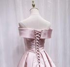 Cute Satin Pink Sweetheart Off Shoulder Knee Length Prom Dress, Short Prom Dresses