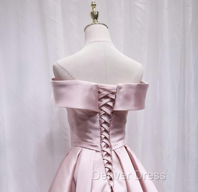 Cute Satin Pink Sweetheart Off Shoulder Knee Length Prom Dress, Short Prom Dresses