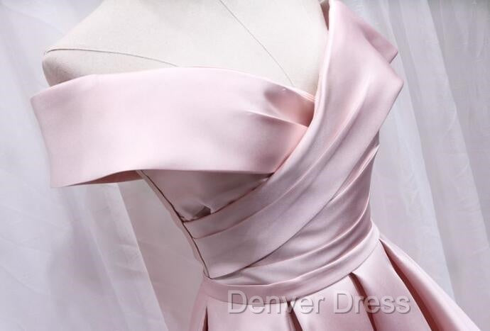 Cute Satin Pink Sweetheart Off Shoulder Knee Length Prom Dress, Short Prom Dresses