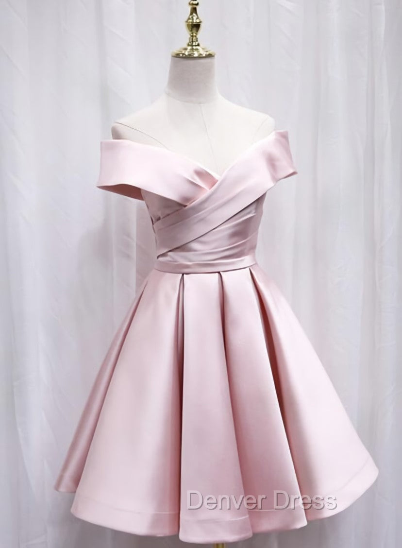 Cute Satin Pink Sweetheart Off Shoulder Knee Length Party Dresses, Short Prom Dresses Main image