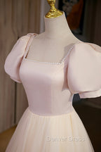 Cute Satin Tulle Long Prom Dress, A Line Short Sleeve Prom Dresses