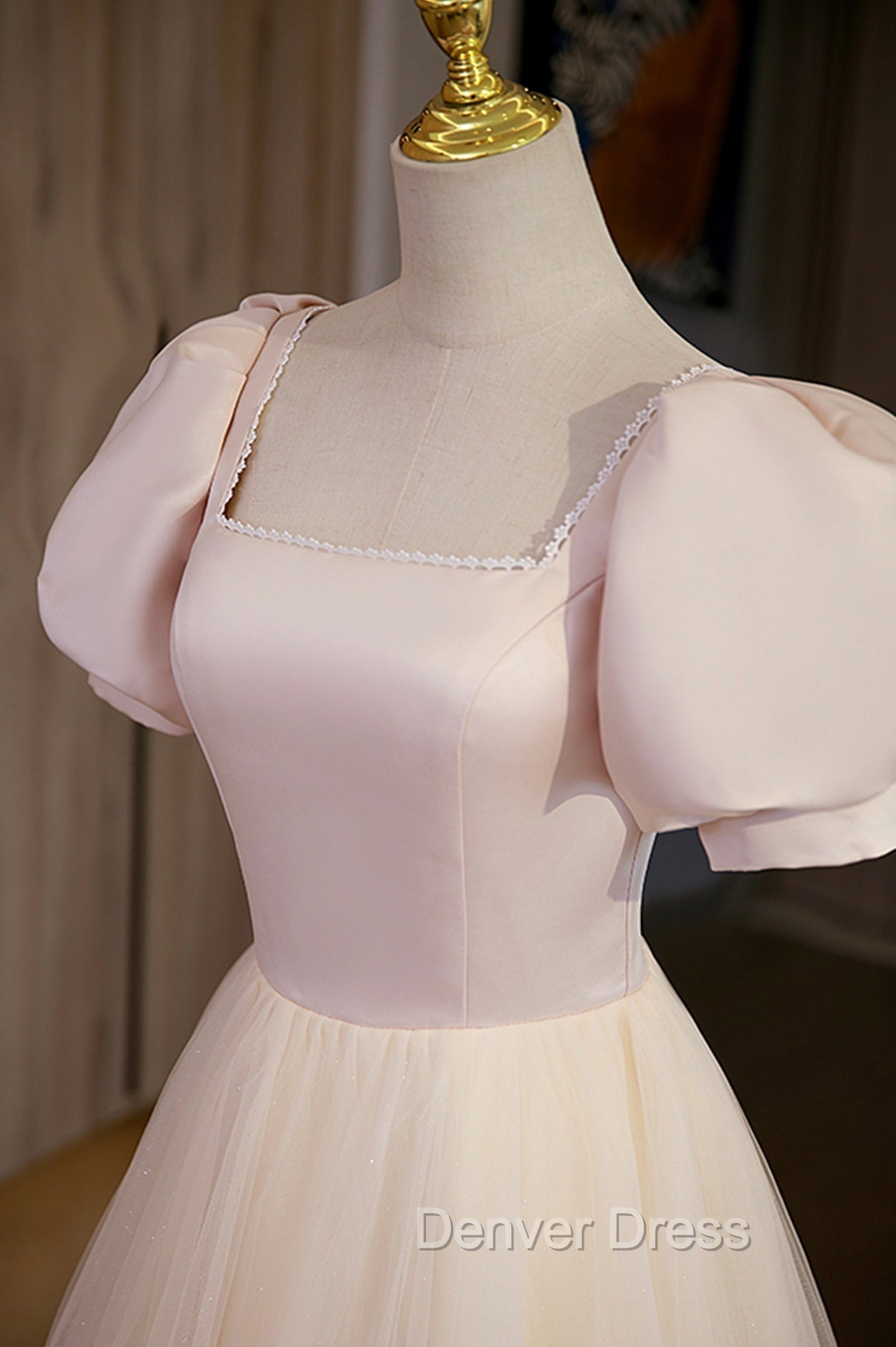 Cute Satin Tulle Long Prom Dress, A Line Short Sleeve Prom Dresses