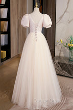 Cute Satin Tulle Long Prom Dress, A Line Short Sleeve Prom Dresses