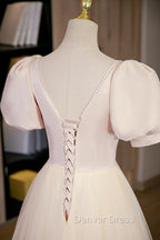 Cute Satin Tulle Long Prom Dresses, A-Line Short Sleeve Evening Dresses