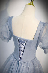 Cute Shiny Tulle Long Prom Dresses, A-Line Short Sleeve Evening Party Dresses