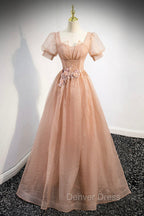 Cute Shiny Tulle Long Prom Dresses, A-Line Short Sleeve Evening Party Dresses