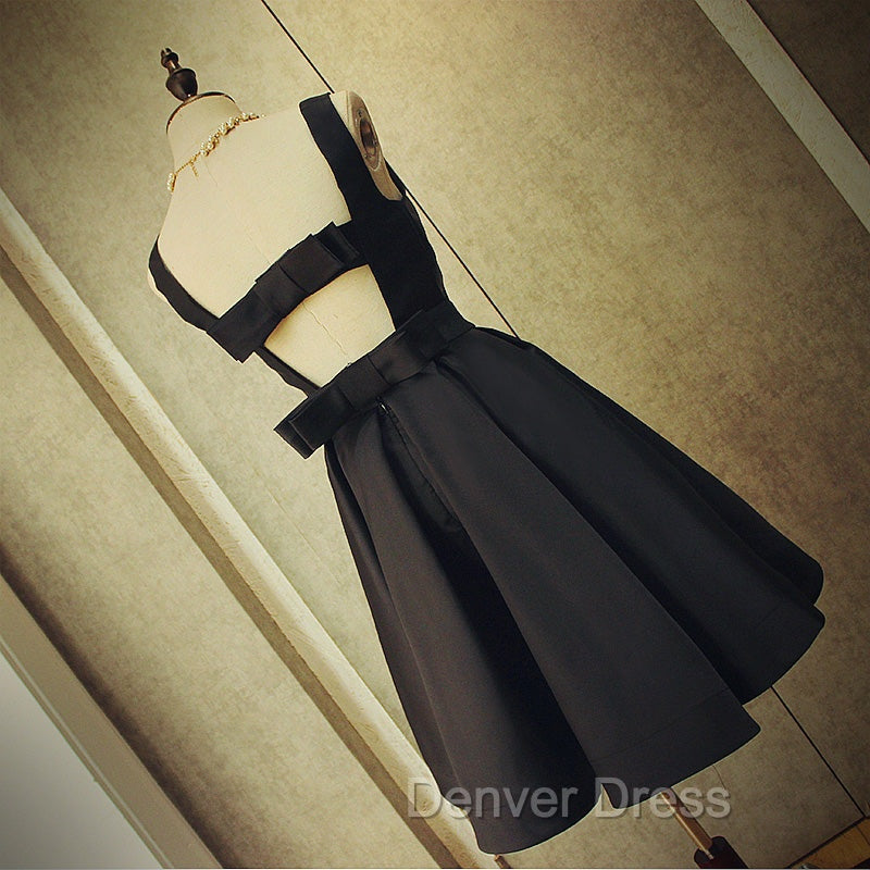 Cute Short Black Satin Knee Length Homecoming Dresses, Black Party Dresses