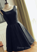 Cute Short Black Satin Knee Length Homecoming Dresses, Black Party Dresses