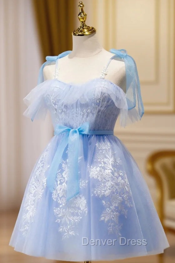 Cute Short Blue Lace Prom Dresses, Short Blue Lace Formal Graduation Dresses Main image