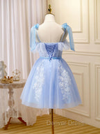 Cute Short Blue Lace Prom Dresses, Short Blue Lace Formal Graduation Dresses