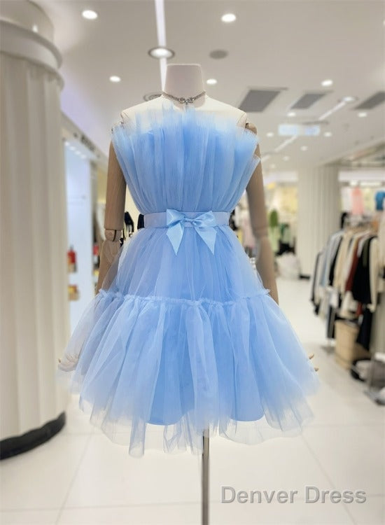 Cute Short Blue Tulle Prom Dress With Bow, Lovely Prom Dress Homecoming Dresses Main image