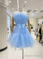 Cute Short Blue Tulle Prom Dress With Bow, Lovely Prom Dress Homecoming Dresses