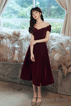 Cute Short Burgundy Sweetheart Off Shoulder Tea Length Party Dress, Velvet Prom Dress