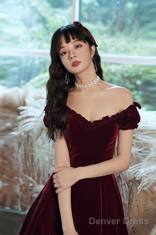 Cute Short Burgundy Sweetheart Off Shoulder Tea Length Party Dress, Velvet Prom Dress