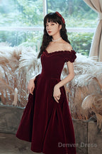 Cute Short Burgundy Sweetheart Off Shoulder Tea Length Party Dress, Velvet Prom Dress