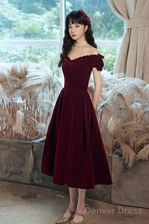 Cute Short Burgundy Sweetheart Off Shoulder Tea Length Party Dress, Velvet Prom Dress Main image