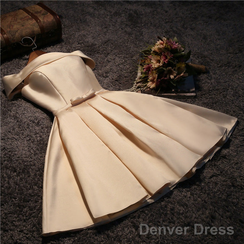 Cute Short Champagne Satin Party Dress,Off Shoulder Prom Dress Secondary image