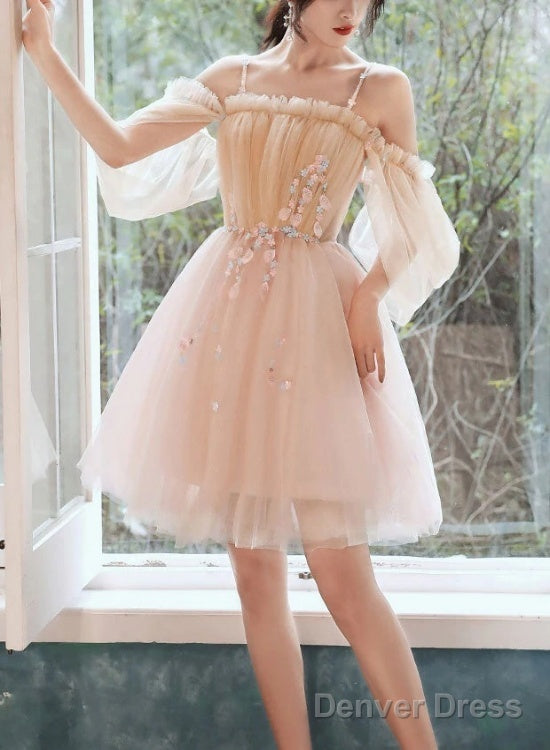 Cute Short Off Shoulder Tulle With Flowers Prom Dress, Short Homecoming Dresses