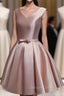 Cute Short Satin Pink V Neckline Knee Length Prom Dress, Pink Prom Dress Homecoming Dresses