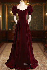 Cute Short Sleeves Burgundy Long Prom Dresses