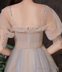 Cute Short Sleeves Layers Tulle Long Party Dress, A-Line Prom Dresses