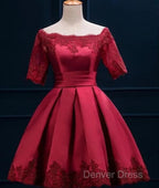 Cute Short Sleeves Satin Knee Length Prom Dress, Short Homecoming Dresses