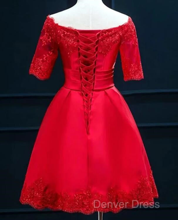 Cute Short Sleeves Satin Knee Length Prom Dress, Short Homecoming Dresses