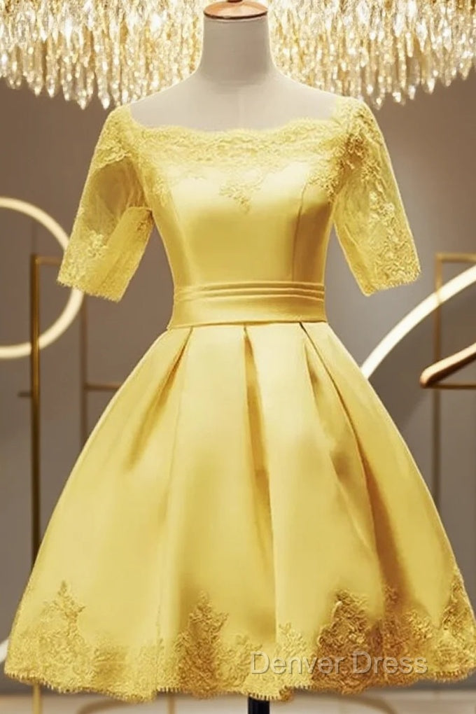 Cute Short Sleeves Satin Knee Length Prom Dress, Short Homecoming Dresses
