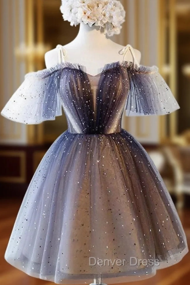 Cute Short Tulle Lace Spaghetti Straps V Neck Prom Dress, Homecoming Dresses