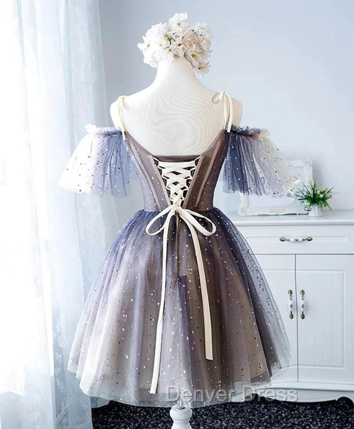 Cute Short Tulle Lace Spaghetti Straps V Neck Prom Dress, Homecoming Dresses