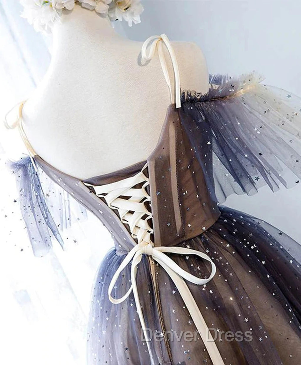 Cute Short Tulle Lace Spaghetti Straps V Neck Prom Dress, Homecoming Dresses