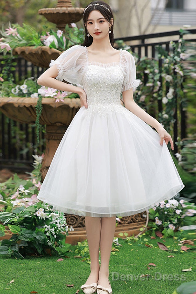Cute Short Tulle Prom Dress With Beadings, White Prom Dress Graduation Dresses Secondary image