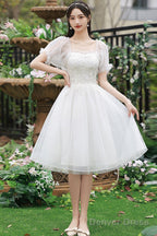Cute Short Tulle Prom Dress With Beadings, White Prom Dress Graduation Dresses