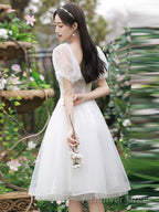 Cute Short Tulle Prom Dress With Beadings, White Prom Dress Graduation Dresses