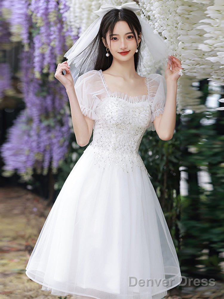 Cute Short Tulle Prom Dress With Beadings, White Prom Dress Graduation Dresses