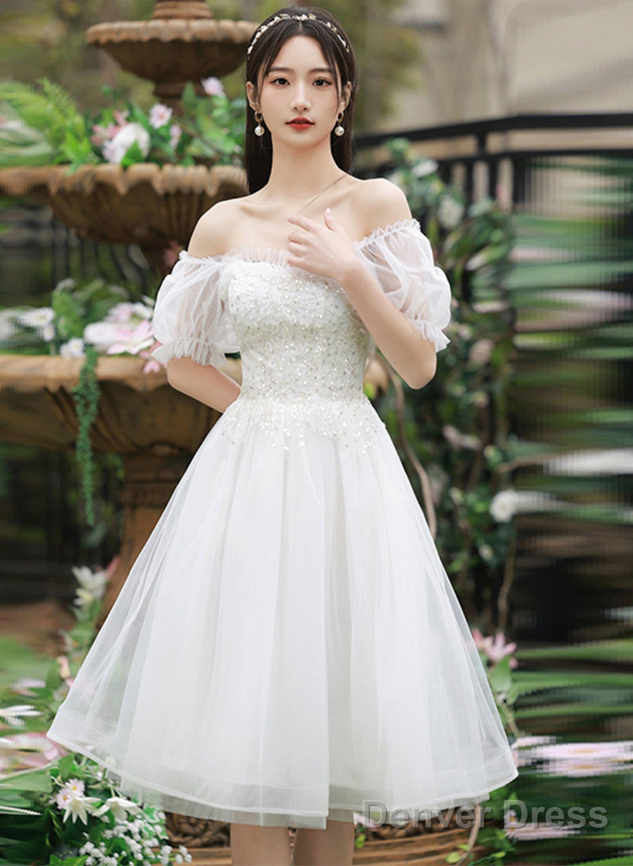 Cute Short Tulle Prom Dress With Beadings, White Prom Dress Graduation Dresses Main image