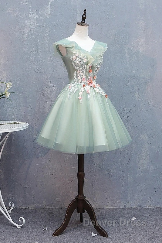 Cute Short Tulle V Neckline With Flower Lace Prom Dress Homecoming Dress, Short Prom Dresses