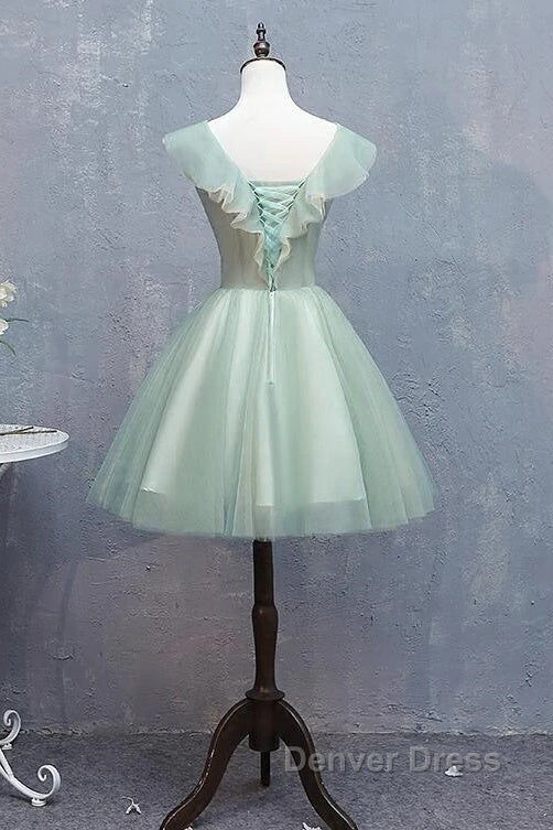 Cute Short Tulle V Neckline With Flower Lace Prom Dress Homecoming Dress, Short Prom Dresses
